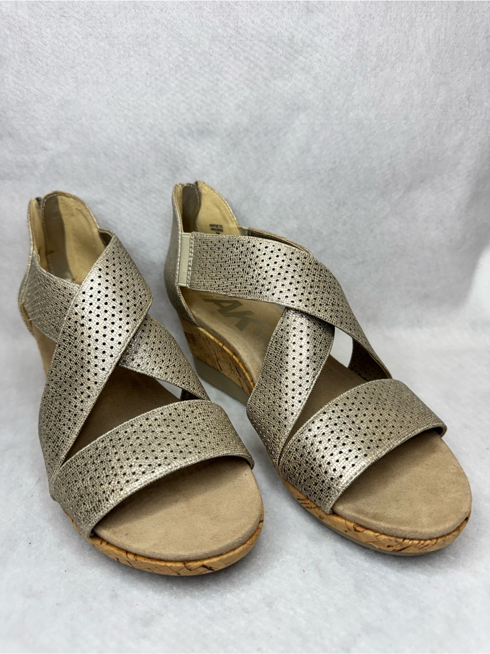 Anne Klein Sport Metallic Taupe Crisscross Cork Wedge Sandals Size 7m
